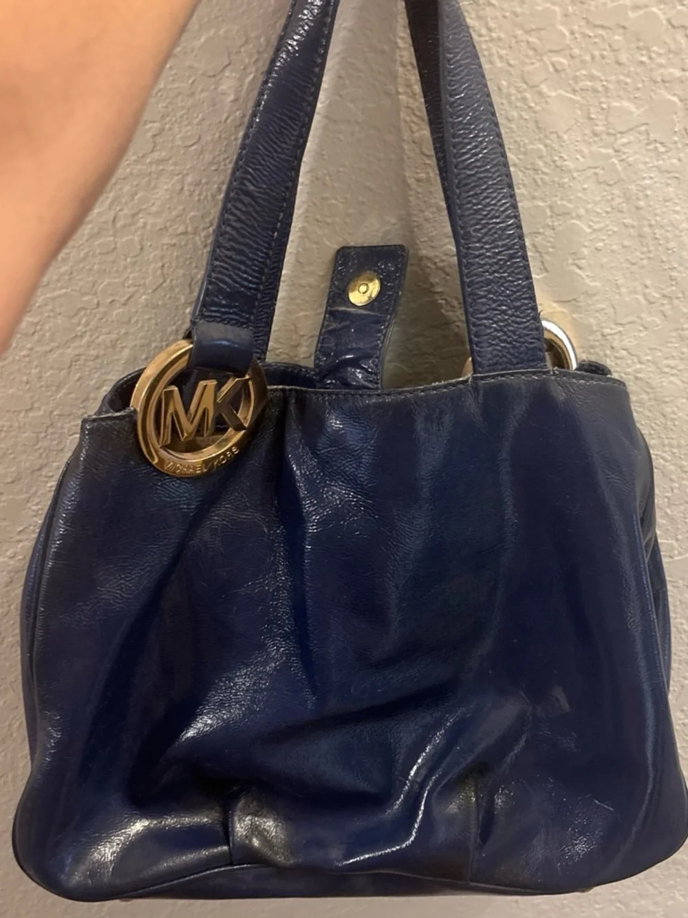 Vintage Michael Kors Dark Navy Leather Shoulder Bag with Gold MK Charm